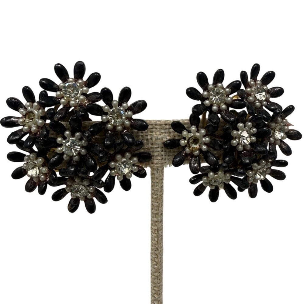 Vintage 1950s Black Daisy Rhinestone Clip On Earrings Floral 2”
